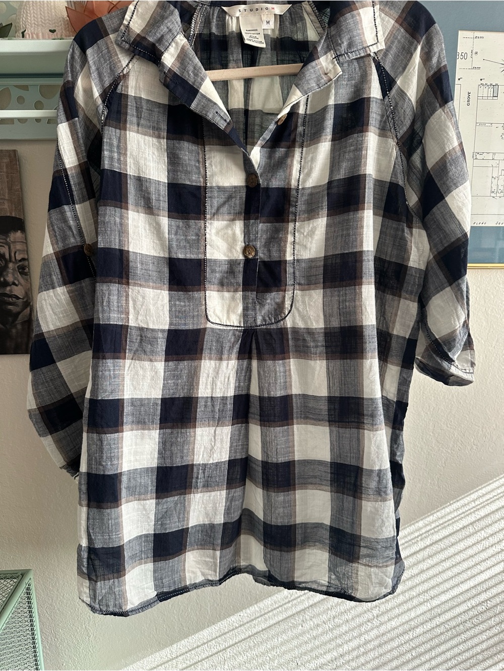 Studio M Navy and White Plaid Button-Down Tunic